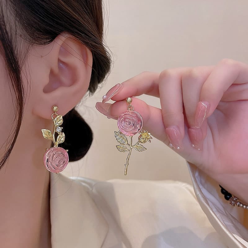 Chic Pink Crystal Rose Earrings