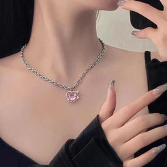 Chic Pink Rhinestone Heart Pendant Cable Chain Necklace