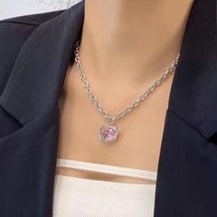 Chic Pink Rhinestone Heart Pendant Cable Chain Necklace