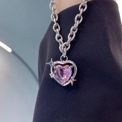 Chic Pink Rhinestone Heart Pendant Cable Chain Necklace