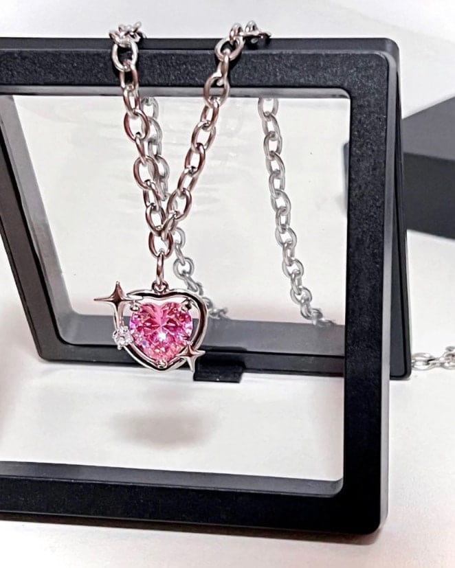 Chic Pink Rhinestone Heart Pendant Cable Chain Necklace