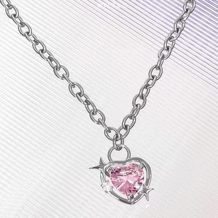 Chic Pink Rhinestone Heart Pendant Cable Chain Necklace