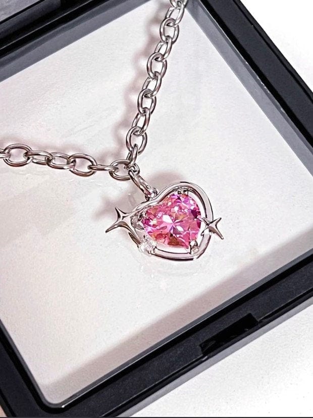 Chic Pink Rhinestone Heart Pendant Cable Chain Necklace