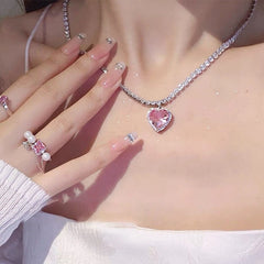 Chic Pink Rhinestone Heart Pendant Cubic Zirconia Chain Necklace Dangle Earrings Set