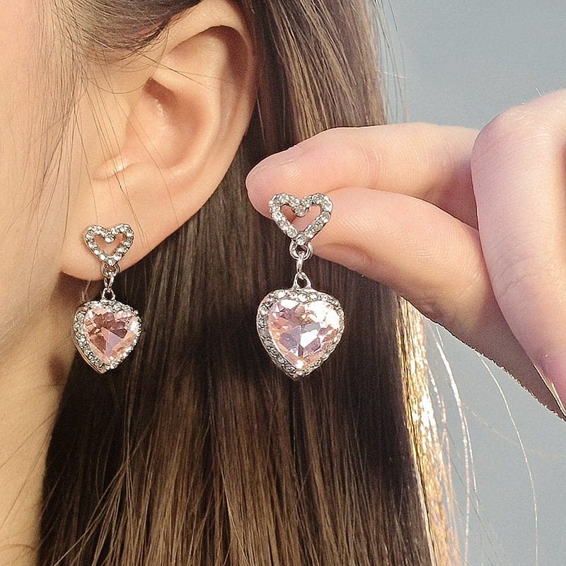 Chic Pink Rhinestone Heart Pendant Cubic Zirconia Chain Necklace Dangle Earrings Set