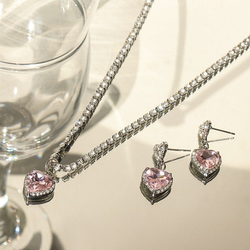 Chic Pink Rhinestone Heart Pendant Cubic Zirconia Chain Necklace Dangle Earrings Set