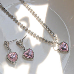 Chic Pink Rhinestone Heart Pendant Cubic Zirconia Chain Necklace Dangle Earrings Set