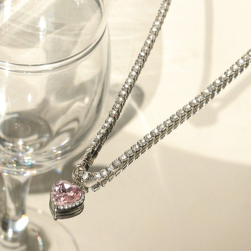 Chic Pink Rhinestone Heart Pendant Cubic Zirconia Chain Necklace Dangle Earrings Set