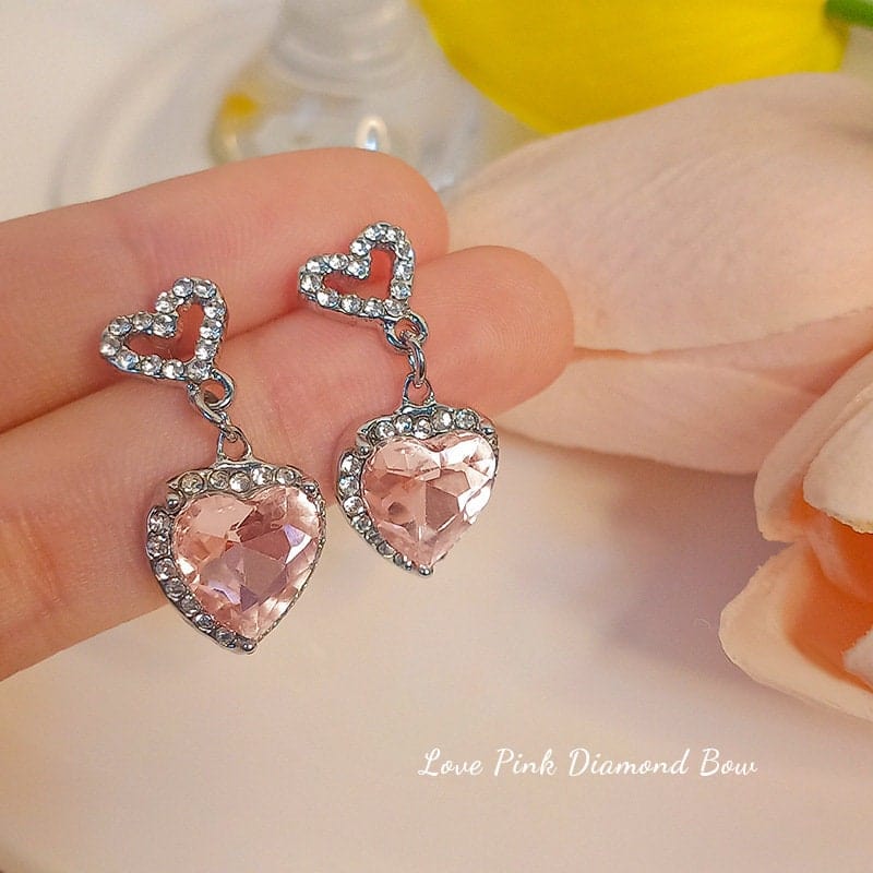 Chic Pink Rhinestone Heart Pendant Cubic Zirconia Chain Necklace Dangle Earrings Set