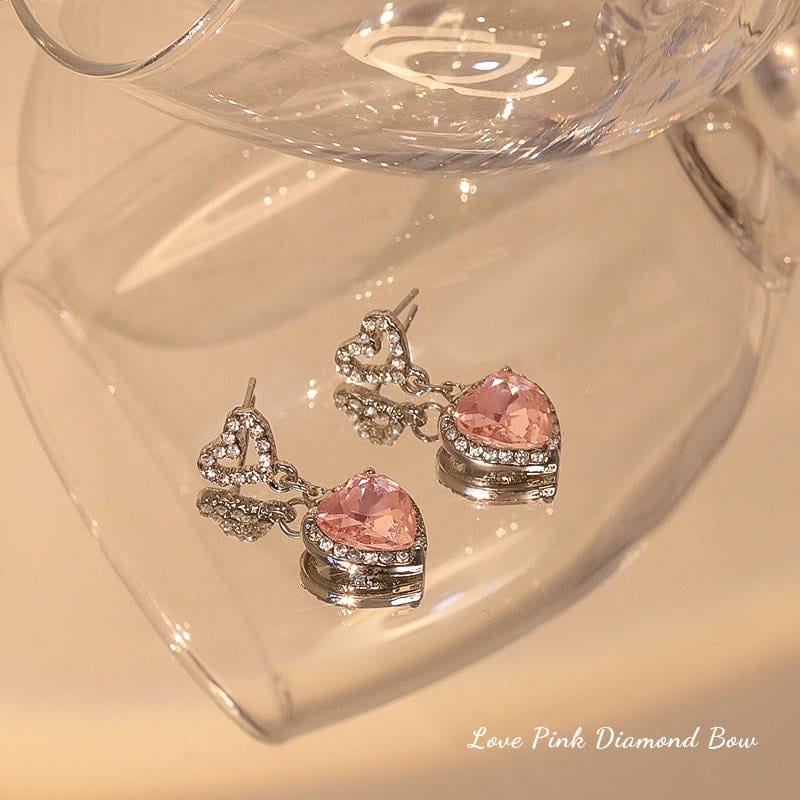 Chic Pink Rhinestone Heart Pendant Cubic Zirconia Chain Necklace Dangle Earrings Set