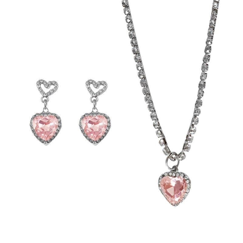 Chic Pink Rhinestone Heart Pendant Cubic Zirconia Chain Necklace Dangle Earrings Set