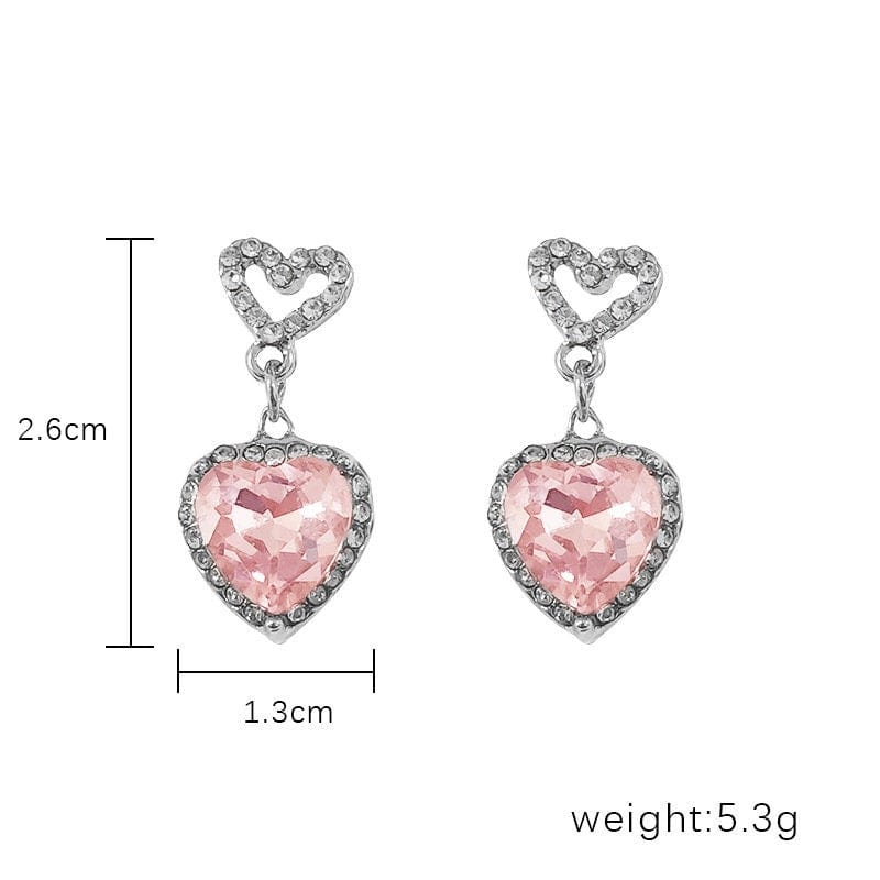 Chic Pink Rhinestone Heart Pendant Cubic Zirconia Chain Necklace Dangle Earrings Set