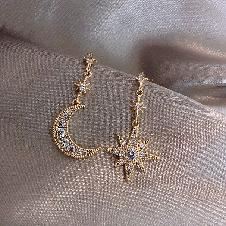 Chic Rhinestone Inlaid Moon Star Dangle Earrings