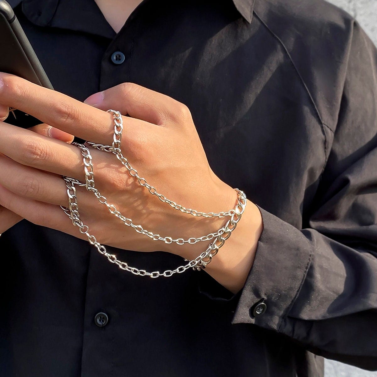 Chic Silver Tone Finger Ring Chain Bracelet