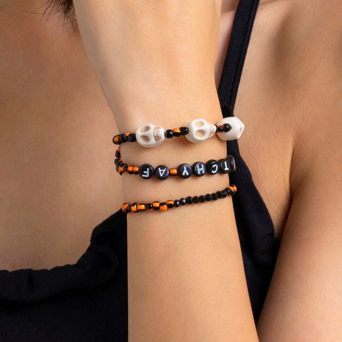 Chic Skull Letter Charm Crystal Seed Beaded Stackable Bracelet Set