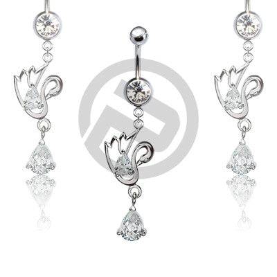 Clear Swan CZ Teardrop Belly Button Navel Ring Dangle