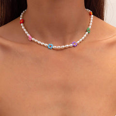 Colorful Daisy Flower Oval Pearl Chain Choker Necklace