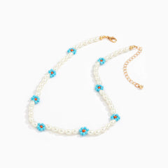 Colorful Daisy Flower Oval Pearl Chain Choker Necklace