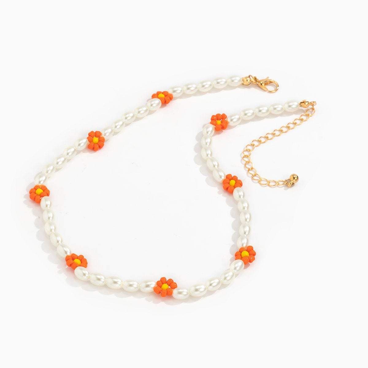 Colorful Daisy Flower Oval Pearl Chain Choker Necklace