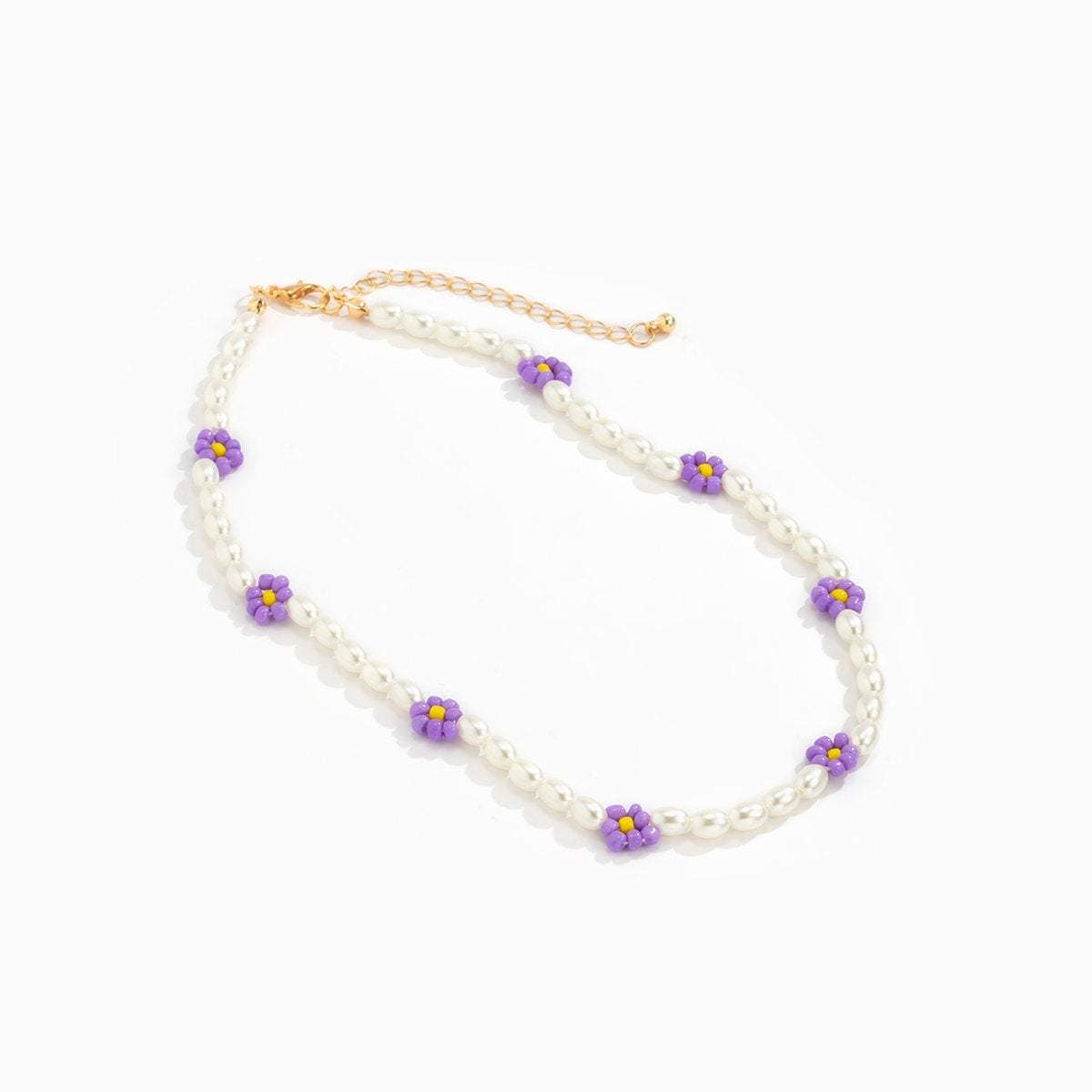 Colorful Daisy Flower Oval Pearl Chain Choker Necklace