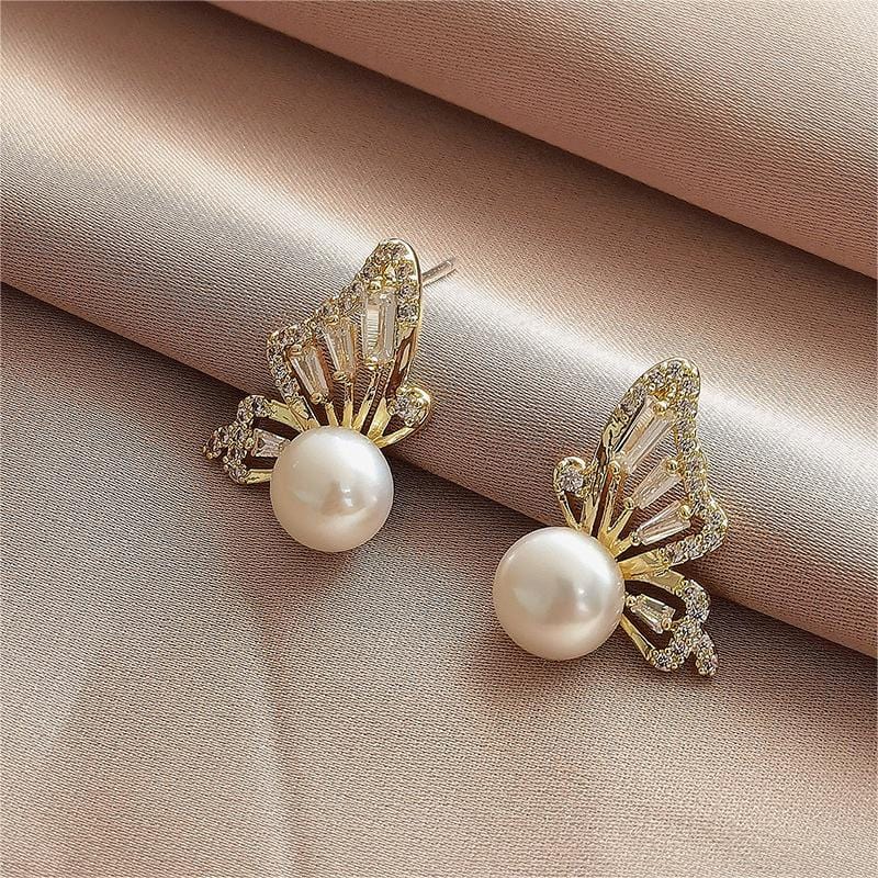 Crystal Butterfly Pearl Earrings