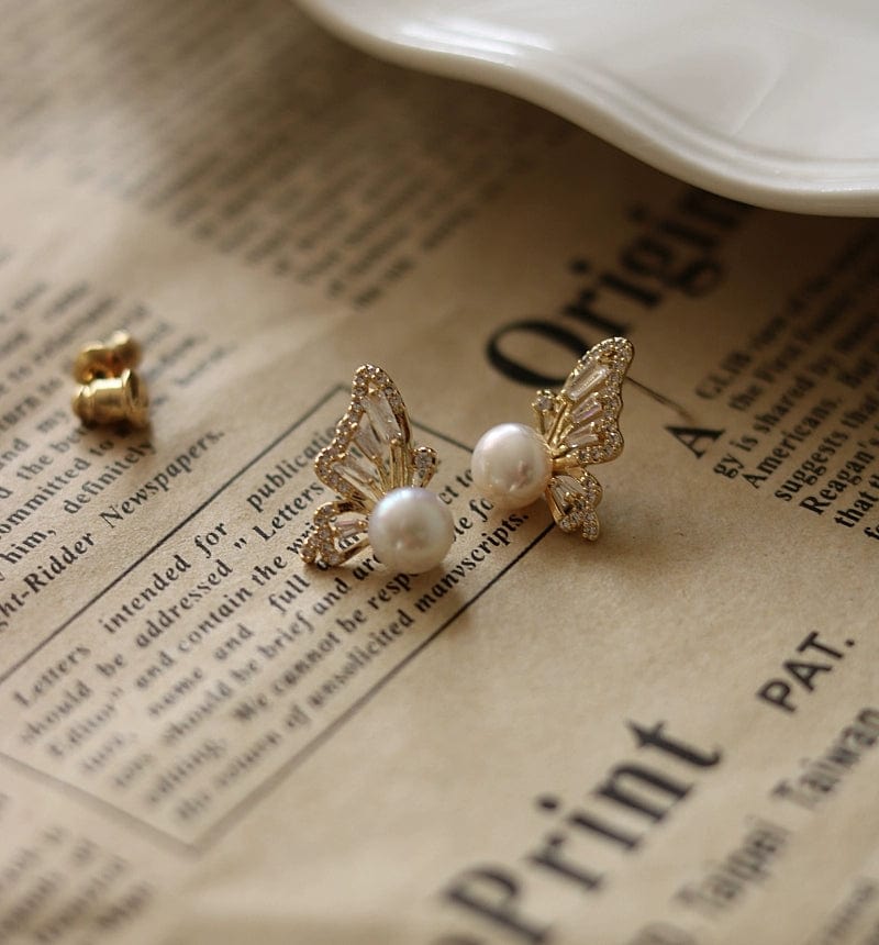 Crystal Butterfly Pearl Earrings