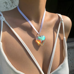 Crystal Heart Pendant Ribbon Necklace