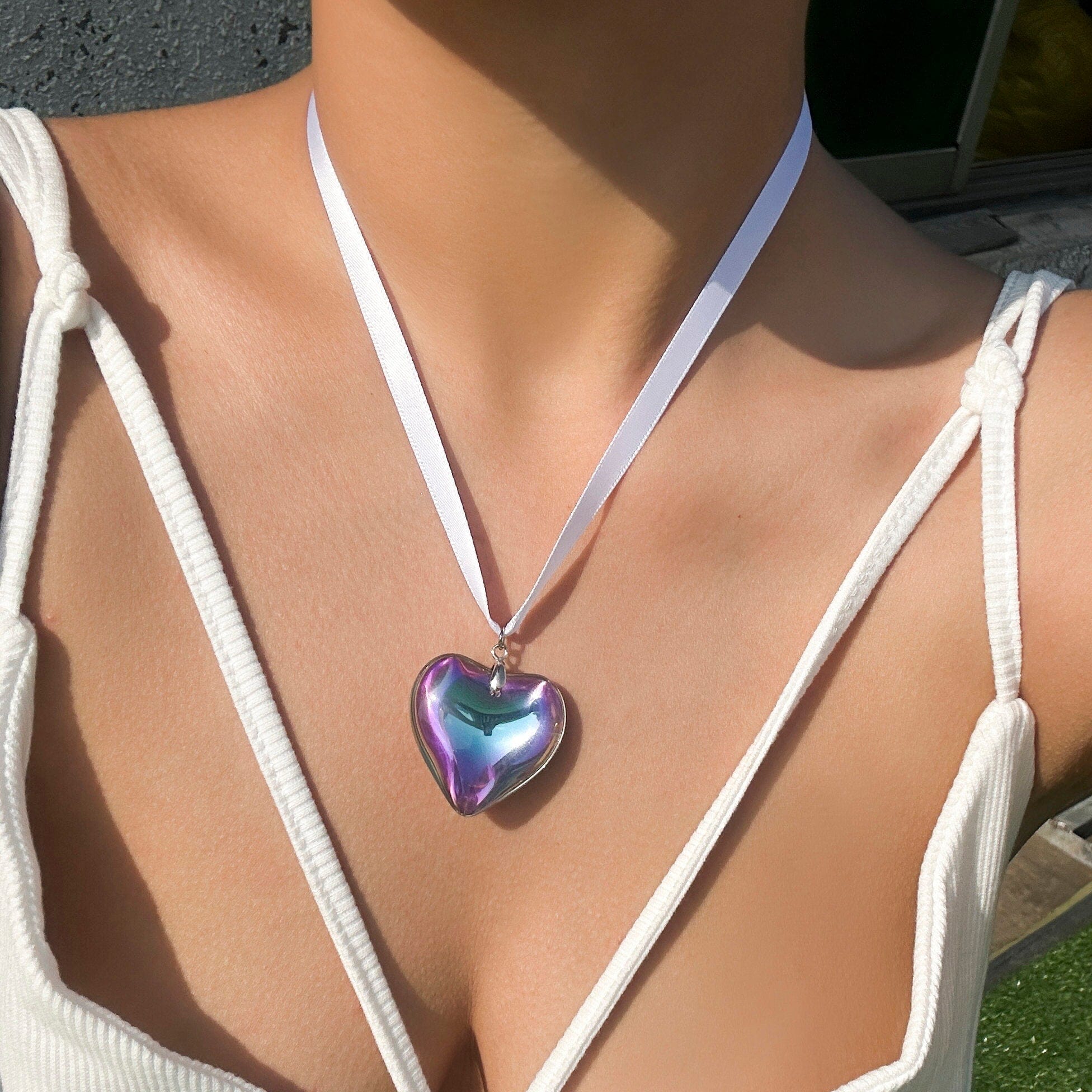 Crystal Heart Pendant Ribbon Necklace