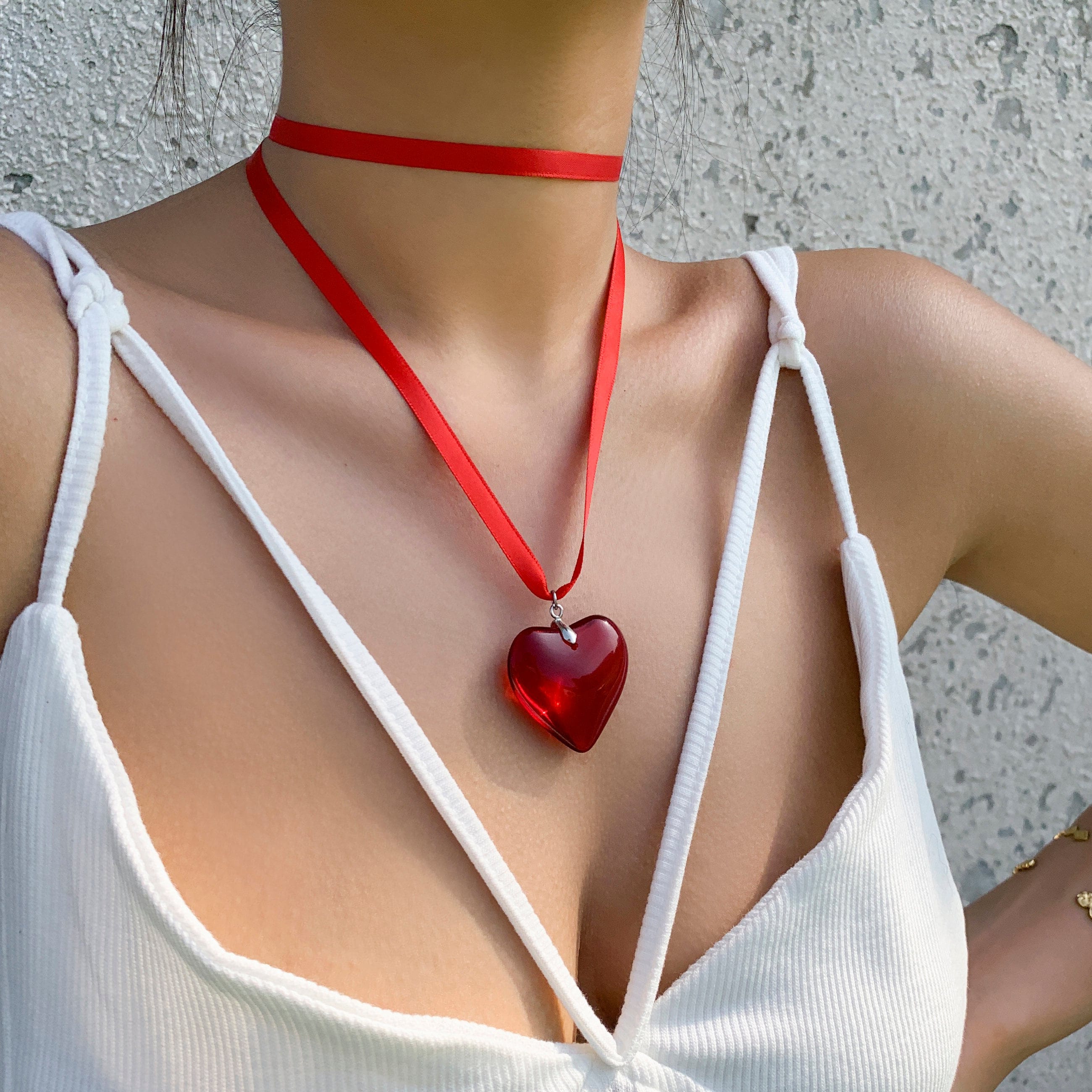 Crystal Heart Pendant Ribbon Necklace