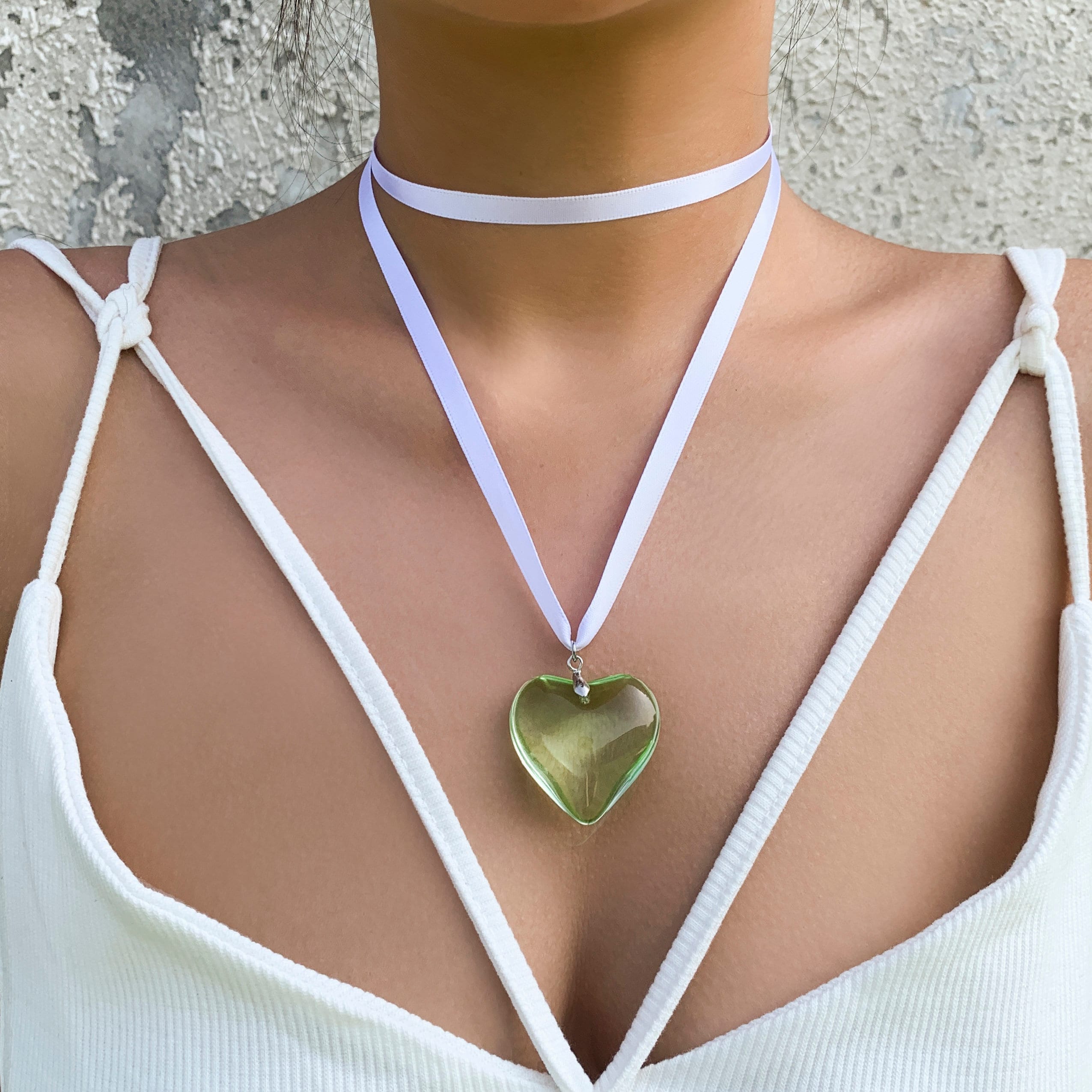 Crystal Heart Pendant Ribbon Necklace