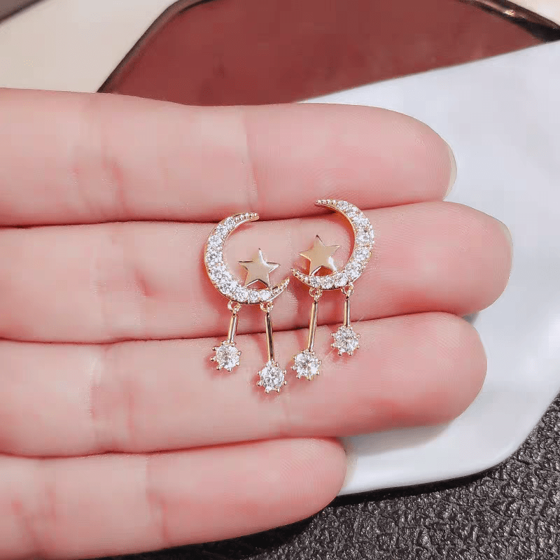 Crystal Inlaid Moon Star Dangle Earrings