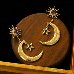 Crystal Inlaid Sun Star Moon Phase Dangle Earrings