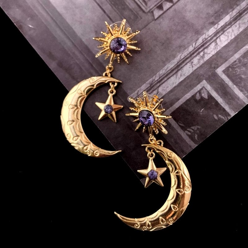 Crystal Inlaid Sun Star Moon Phase Dangle Earrings