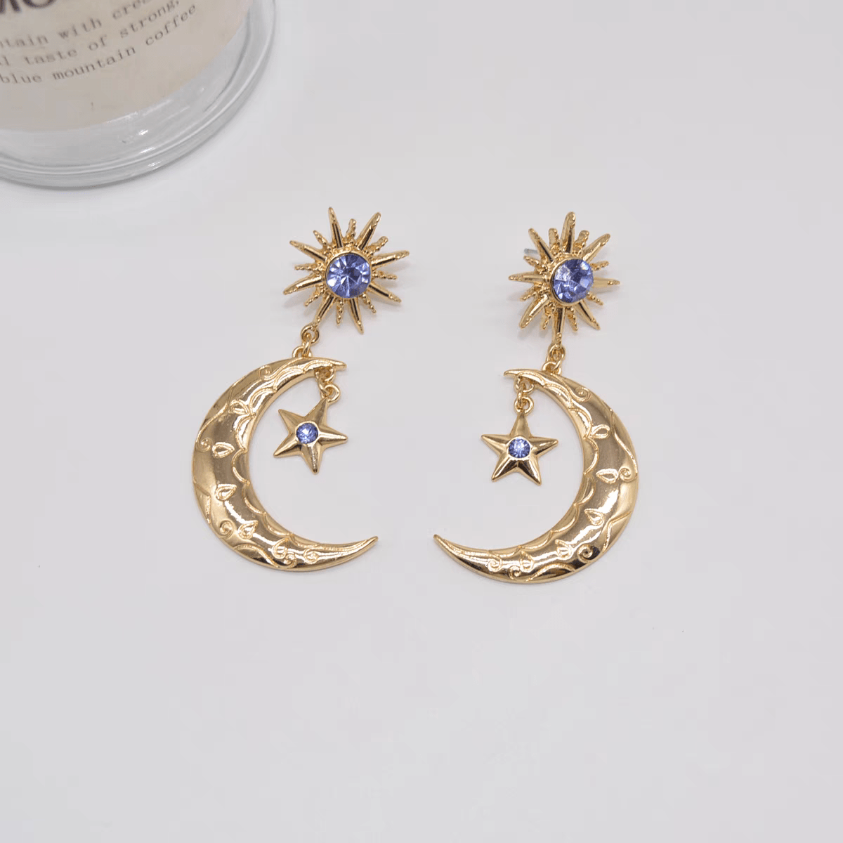 Crystal Inlaid Sun Star Moon Phase Dangle Earrings