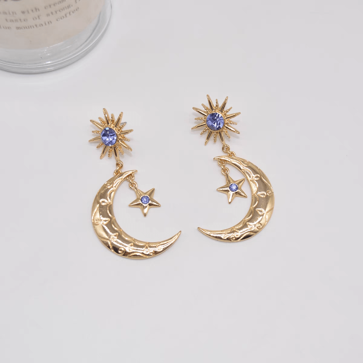 Crystal Inlaid Sun Star Moon Phase Dangle Earrings