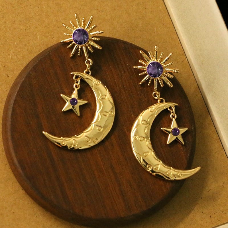 Crystal Inlaid Sun Star Moon Phase Dangle Earrings