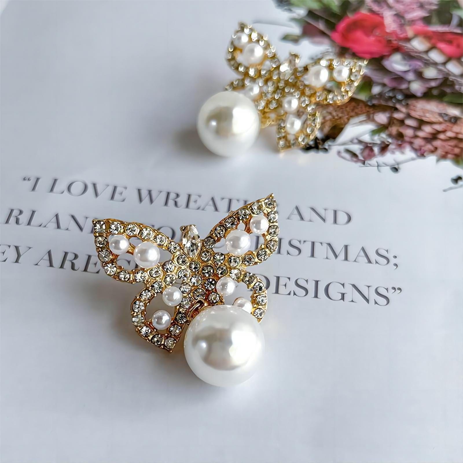 Crystal Pearl Inlaid Butterfly Earrings