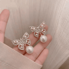 Crystal Pearl Inlaid Butterfly Earrings