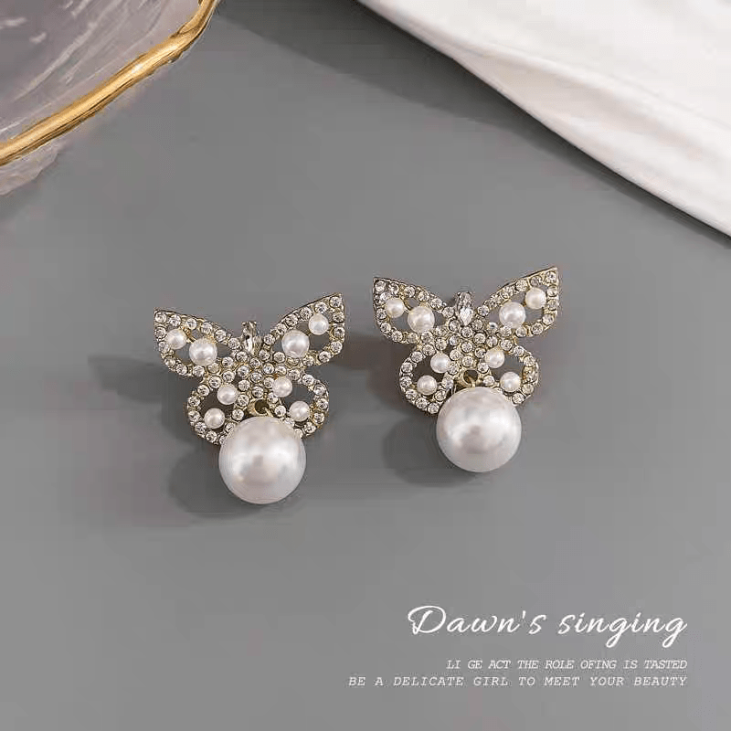 Crystal Pearl Inlaid Butterfly Earrings