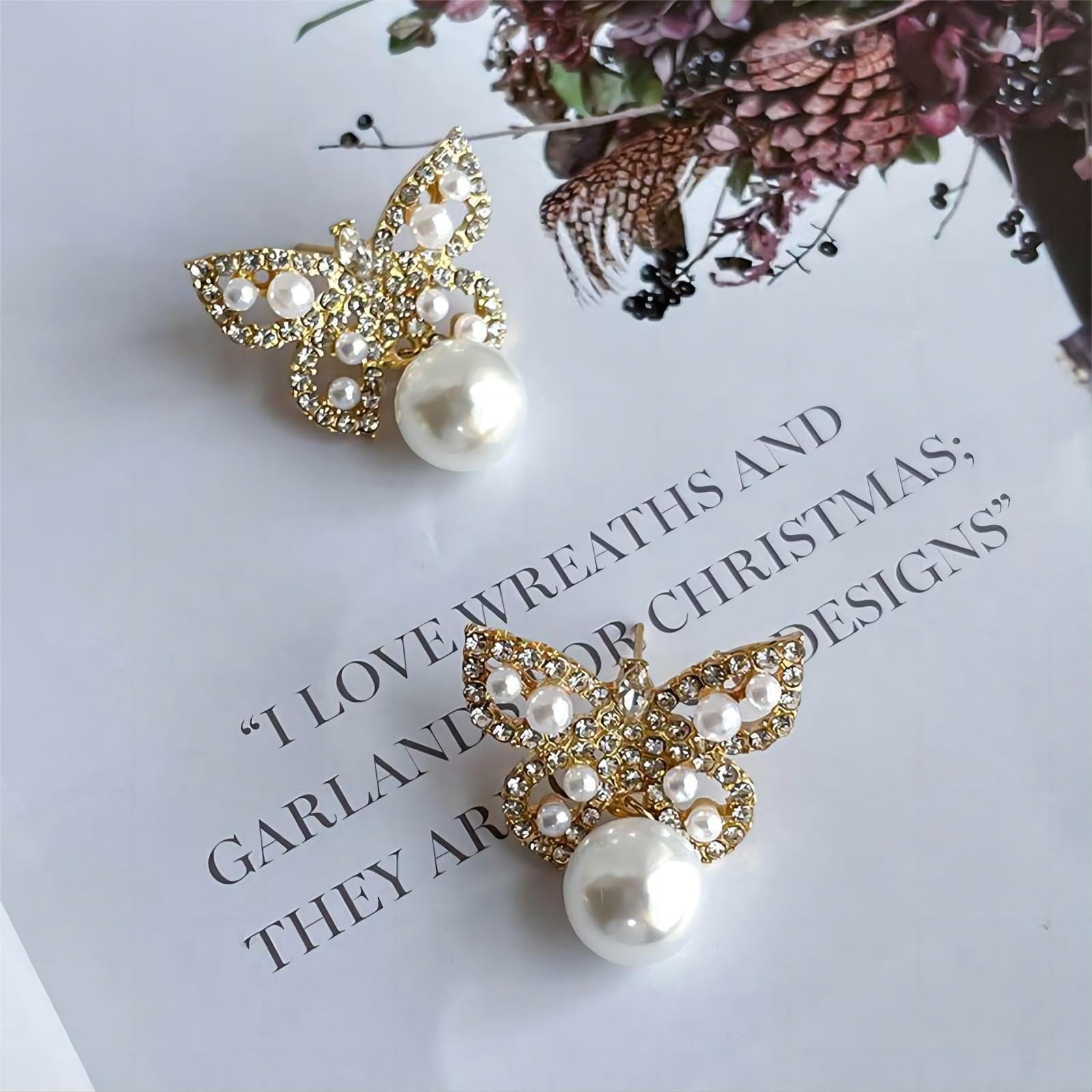 Crystal Pearl Inlaid Butterfly Earrings