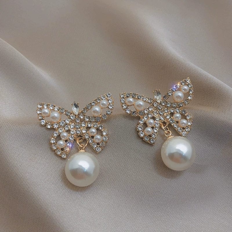 Crystal Pearl Inlaid Butterfly Earrings