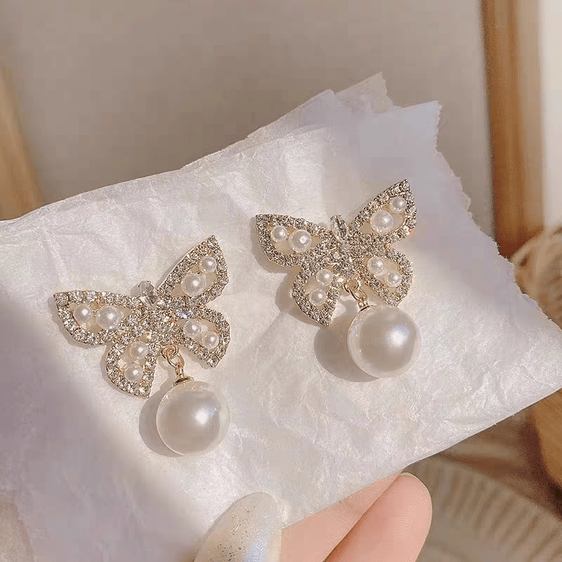 Crystal Pearl Inlaid Butterfly Earrings