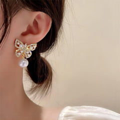 Crystal Pearl Inlaid Butterfly Earrings