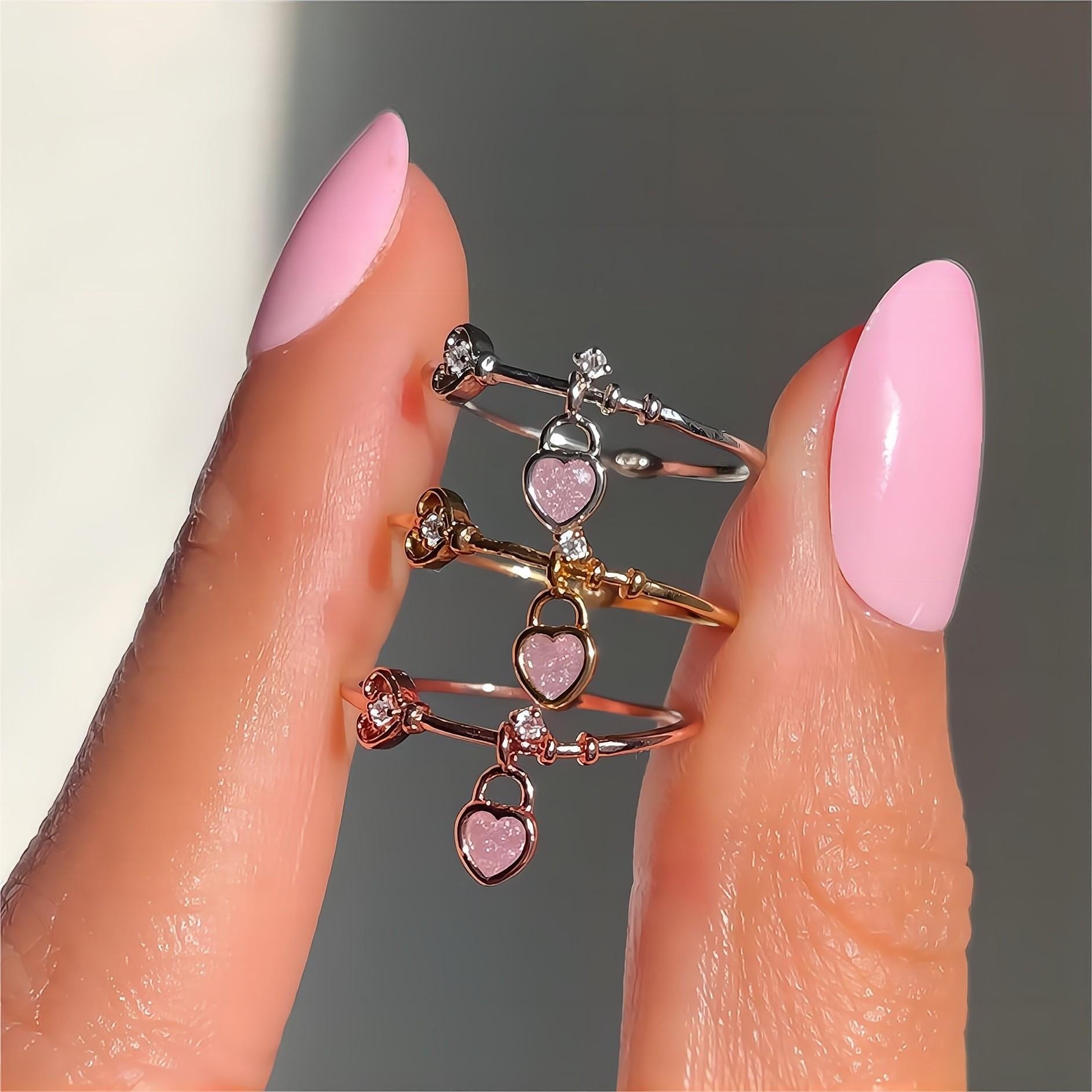 Cute 18K Gold Dangle Crystal Heart Lock Ring