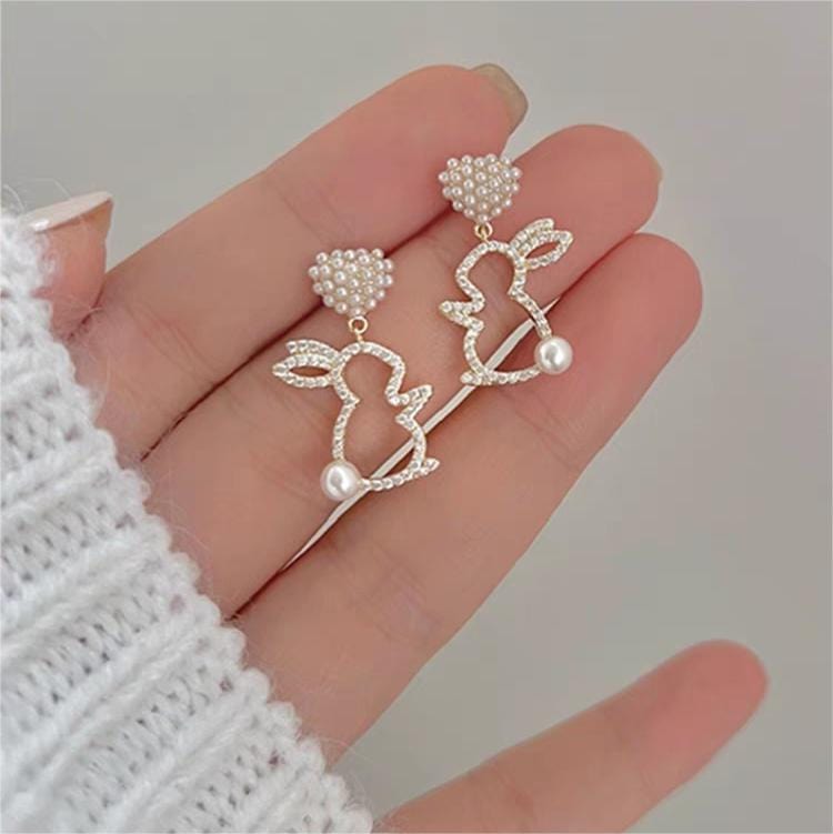 Cute CZ Inlaid Dangling Pearl Heart Rabbit Earrings