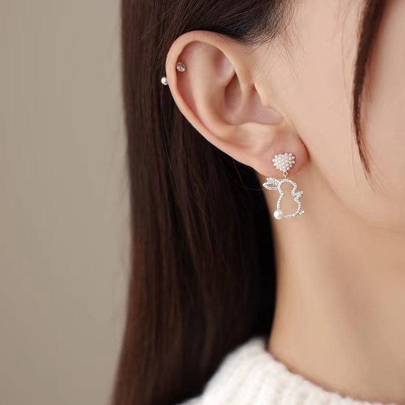 Cute CZ Inlaid Dangling Pearl Heart Rabbit Earrings