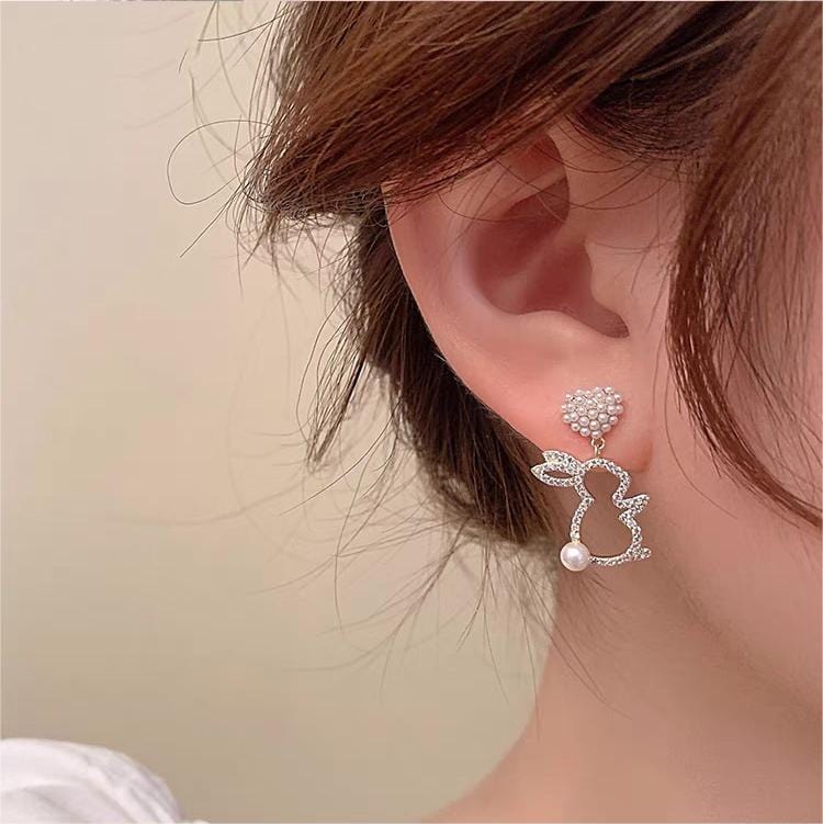 Cute CZ Inlaid Dangling Pearl Heart Rabbit Earrings