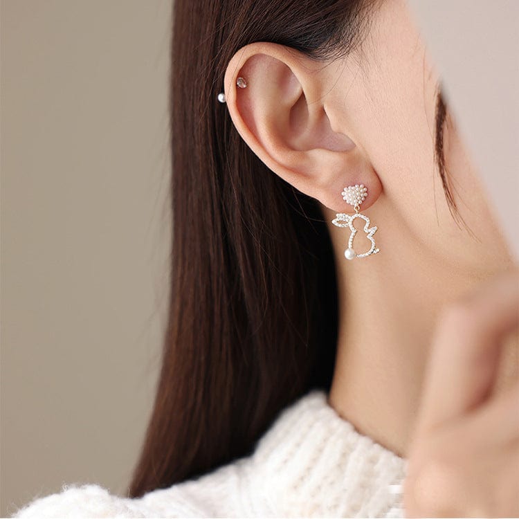 Cute CZ Inlaid Dangling Pearl Heart Rabbit Earrings