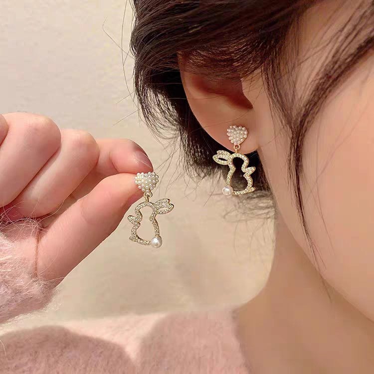 Cute CZ Inlaid Dangling Pearl Heart Rabbit Earrings