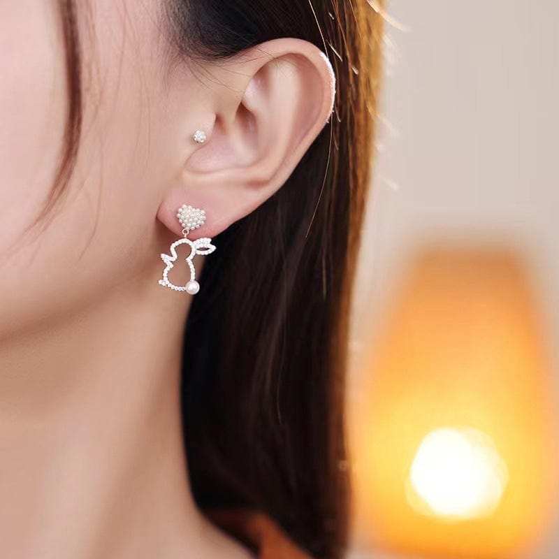 Cute CZ Inlaid Dangling Pearl Heart Rabbit Earrings